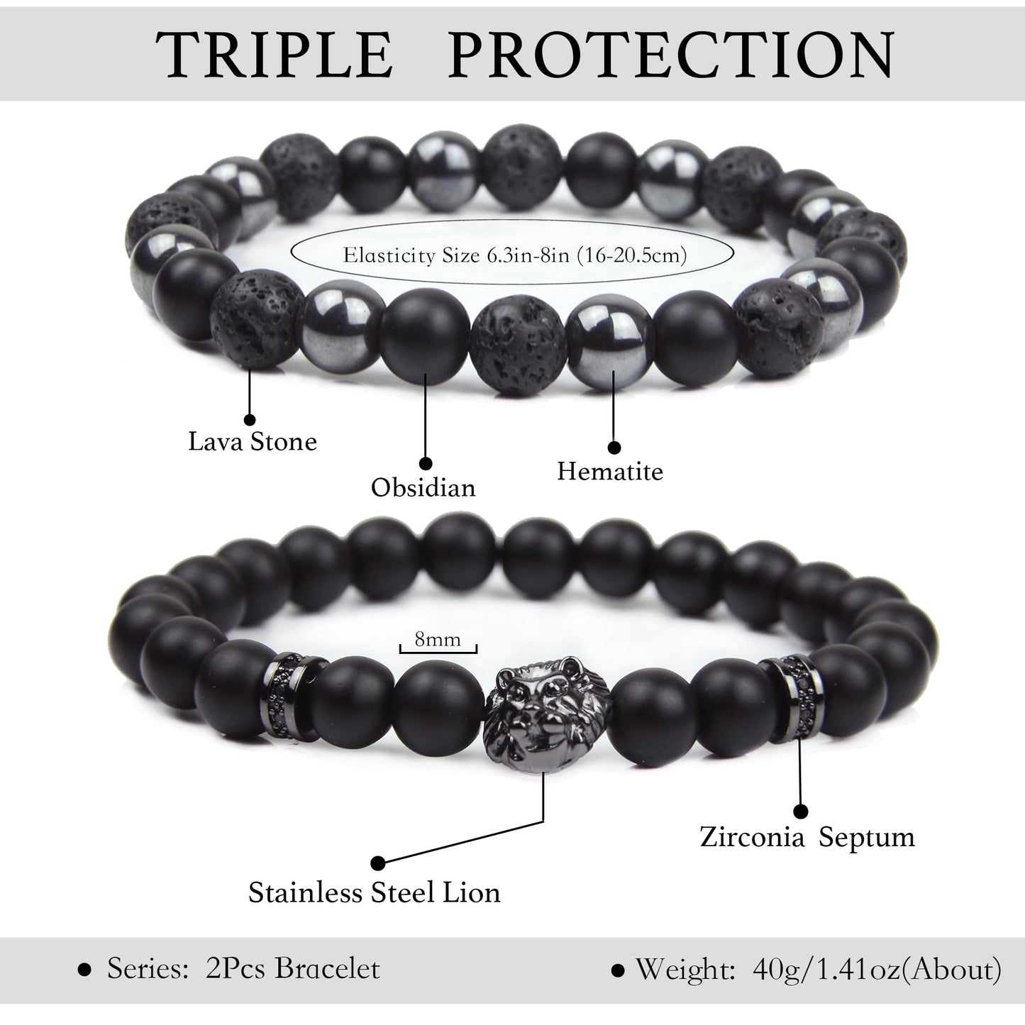 Black Obsidian Bracelet - Lion Bracelet - Tourmaline Beaded Bracelets, 8MM Black Onyx Hematite Lava Stone Beads Triple Protection Bracelet for Men Women Gifts