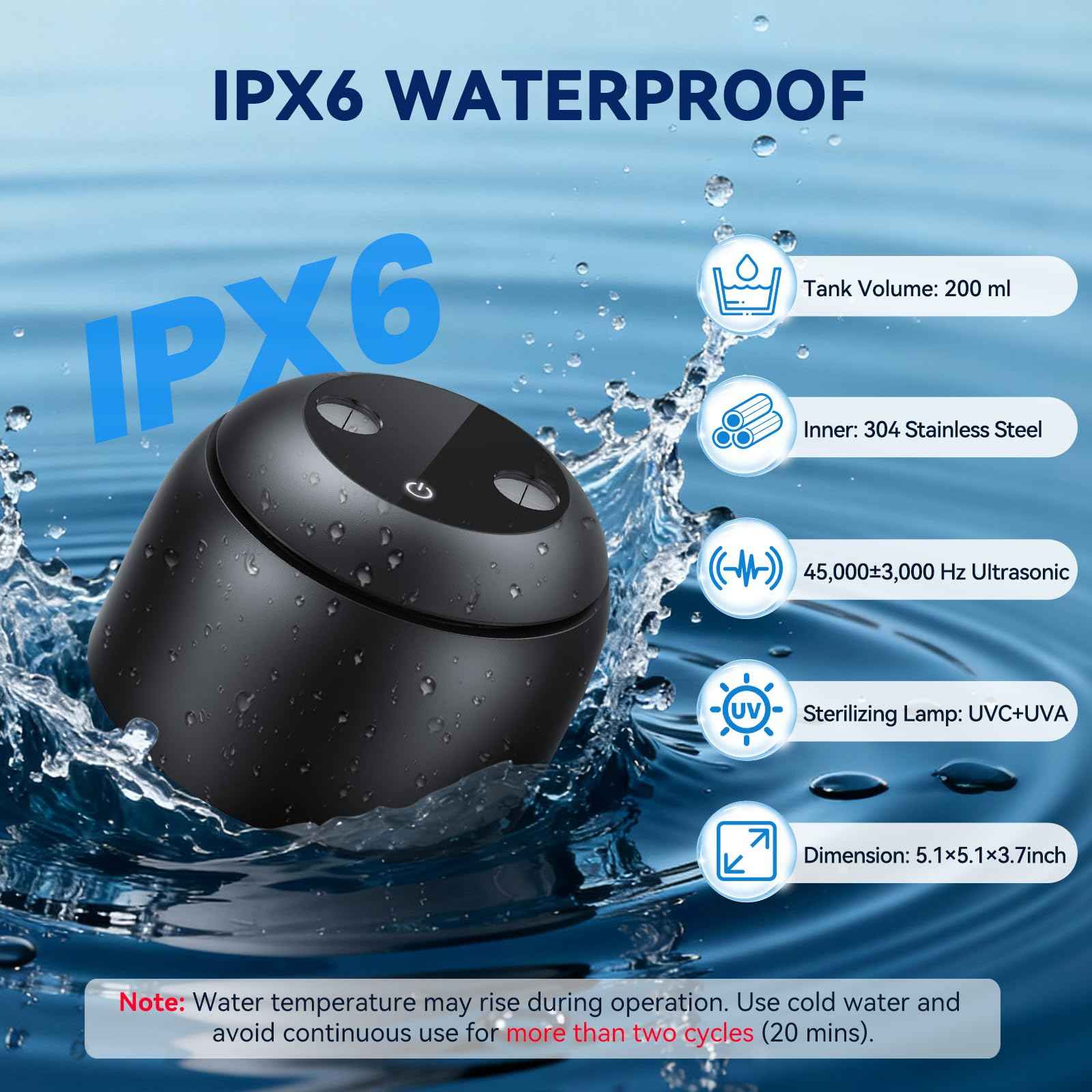 Ultrasonic Retainer Cleaner - 45±3kHz, 3 Modes with Digital Timer, UVC+UVA Lamp,Denture Cleaner Machine, Mouth Guard, IPX6,200ML SUS304 Tank for Aligner, Night Guard Toothbrush (Black)