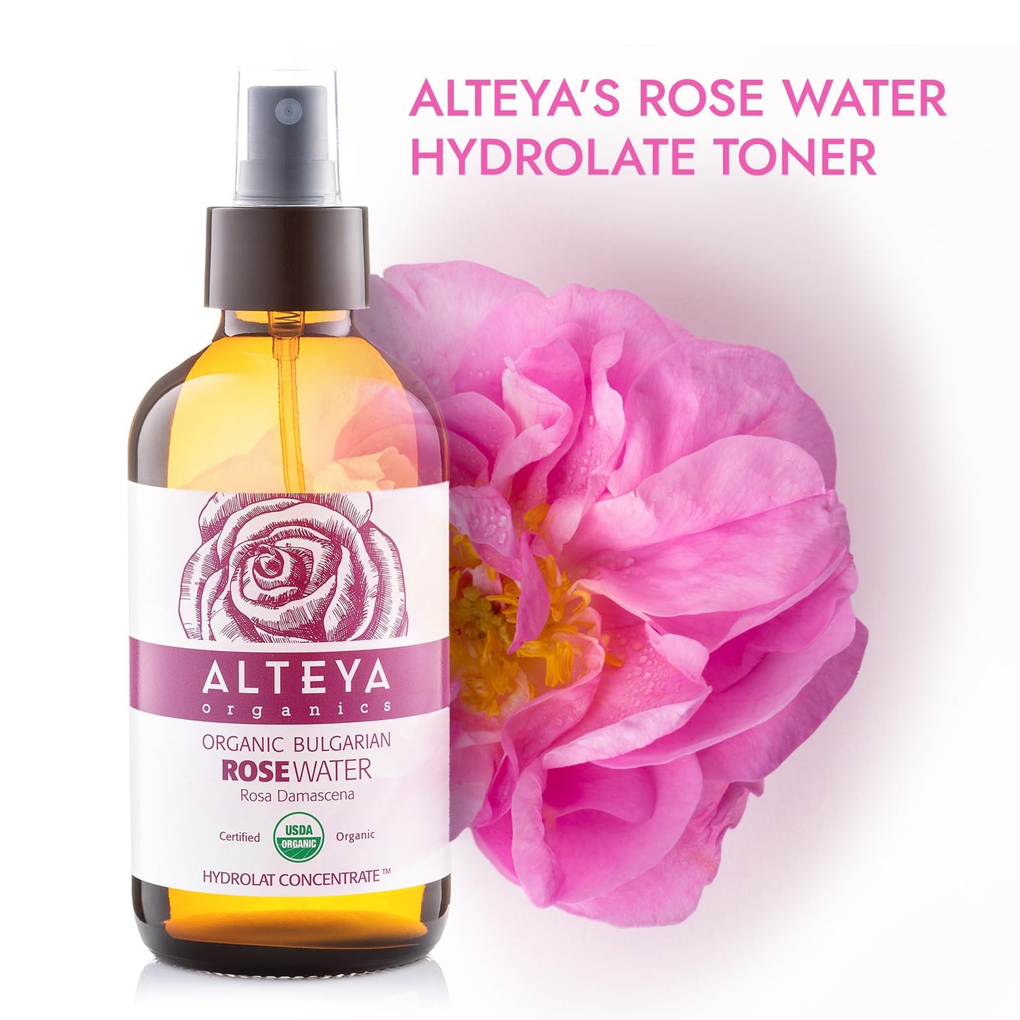 Alteya Organics Rose Water USDA Certified Organic Facial Toner, 4 Fl Oz/120mL Pure Bulgarian Rosa Damascena Flower Water, Award-Winning Moisturizer Amber Glass Spray Bottle