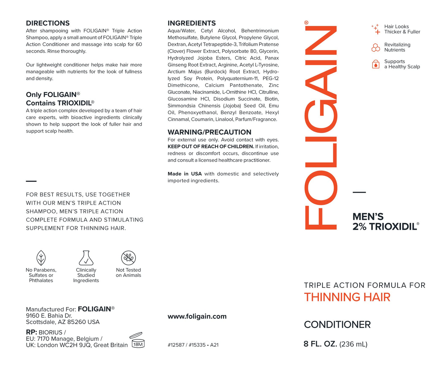 Foligain Triple Action Conditioner For Thinning Hair, Volumizing Conditioner for Men, 8 Fl. Oz.