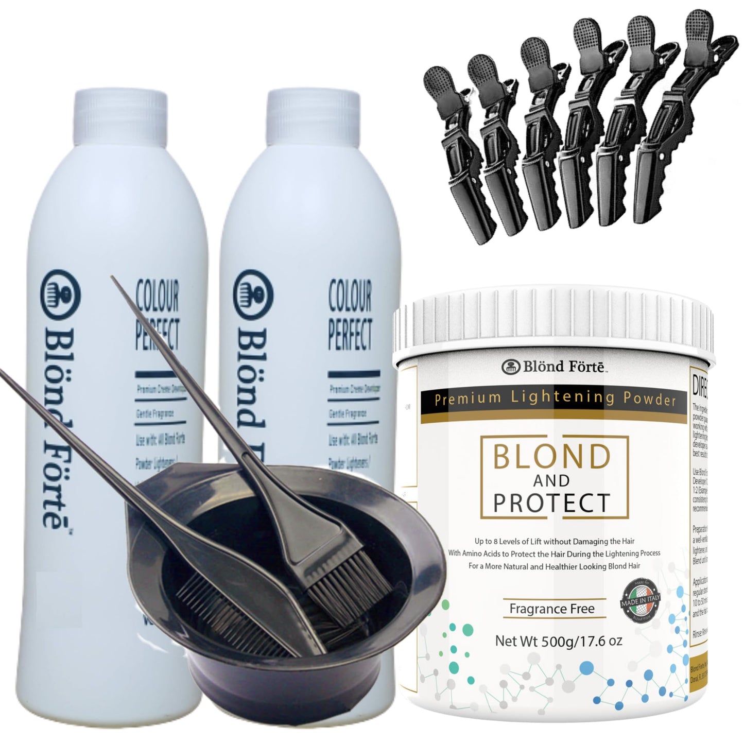 1 Lbs/17 Oz Tub Blond And Protect Premium Hair Lightener 8+ Levels + 13.5 Oz/400 ml Developer Volume & Hair Coloring Brush (Bundle - 5 items) (30 Volume Blue Powder)