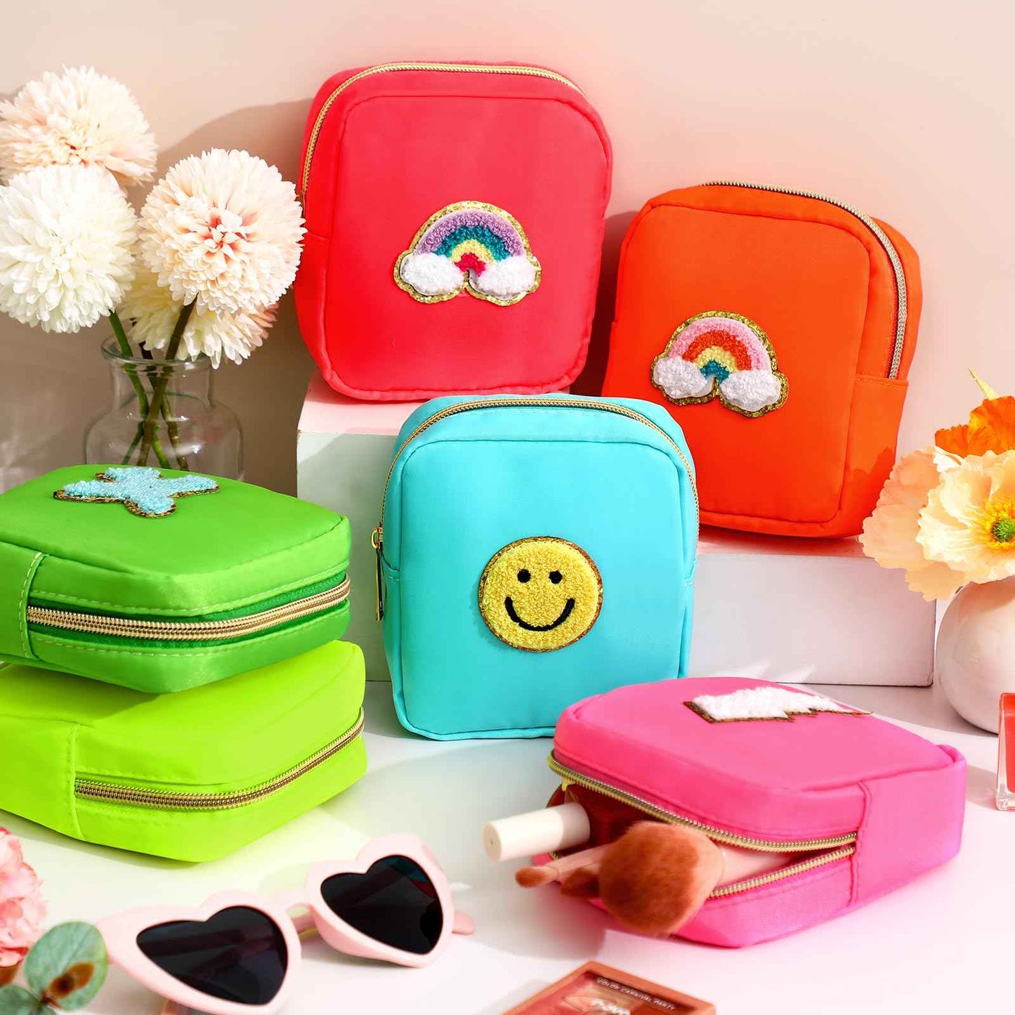 Zubebe 6 Pcs Preppy Patch Cute Makeup Bags Toiletry Bags Skincare Pouch Chenille Letter Nylon Bag for Purse Small Zipper Cosmetic Makeup Pouch Preppy Things for Travel(Fluorescent Color)