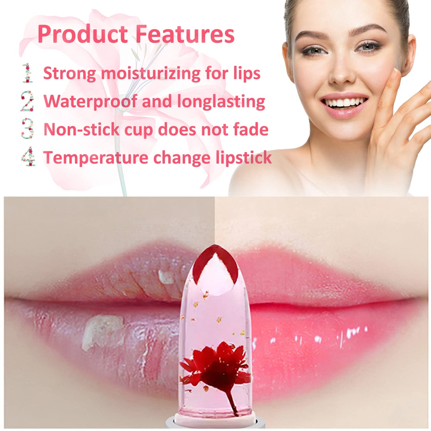 2 Pack Crystal Flower Jelly Lipstick,Magic Color Changing Lipstick,PH Clear Temperature Color Changing Lip Gloss,Lip Balm,Long Lasting Nourishing Moisturizing Lip Stick Set G