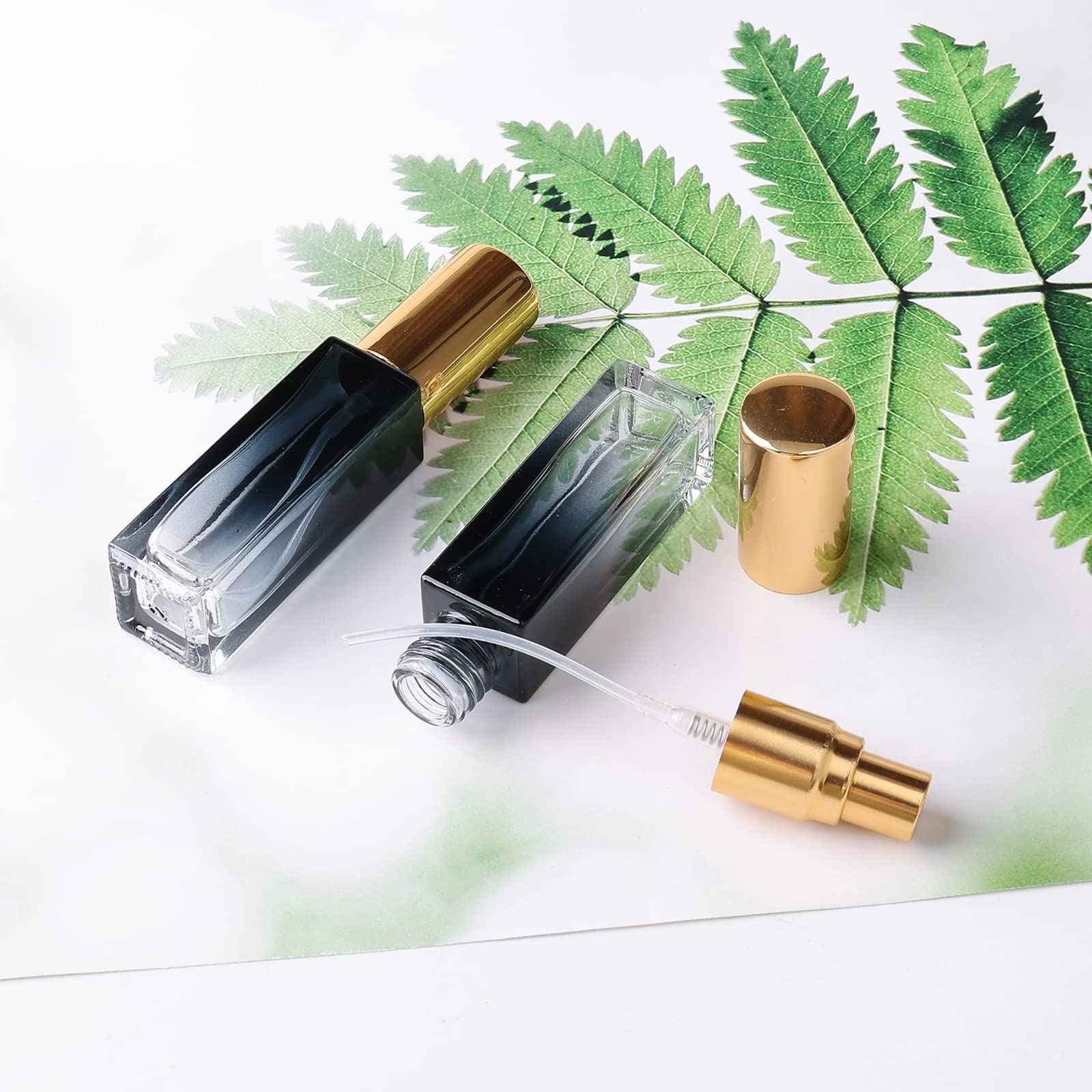 Newzoll 45pcs 10ml Mini Square Spray Bottle Glass Empty Spray Refillable Perfume Bottle Fine Mist Liquid Dispenser for Makeup Skin Care (Gold Cap)