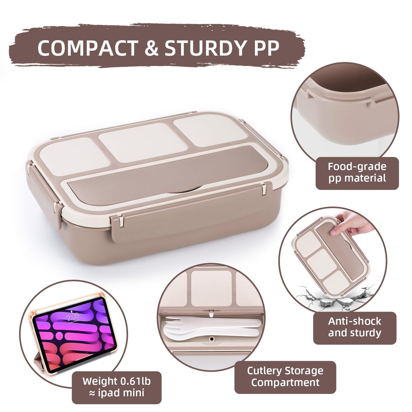 QQKO Bento Box Adult Lunch Box, Lunch Containers for Adults Men Women, Kids Lunch Boxes for School with 4 Compartments, Sauce Container, Utensils and Muffin Cups, Brown