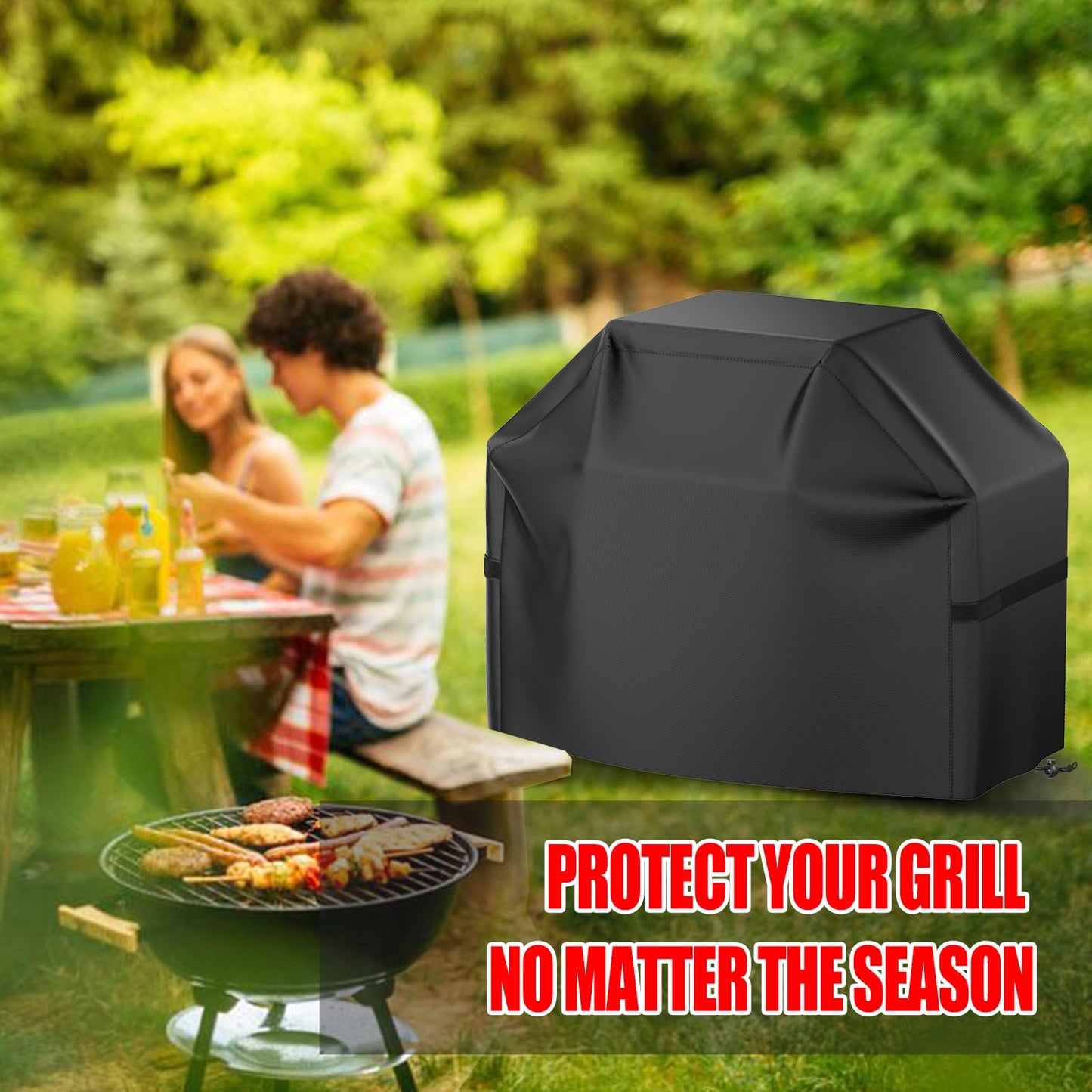 Grill Cover, BBQ Grill Cover, Waterproof, Weather Resistant, Rip-Proof, Anti-UV, Fade Resistant, with Hook-and-Loop Straps, Gas Grill Cover for Most Grills, 60 inch, Black