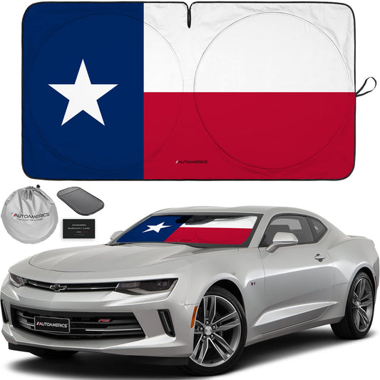 Autoamerics 1-Piece Windshield Sun Shade American Texas Flag USA Patriotic Design - Foldable Car Front Window Sunshade for Sedans SUV Truck - Blocks Max UV Rays and Keeps Your Vehicle Cool - Small