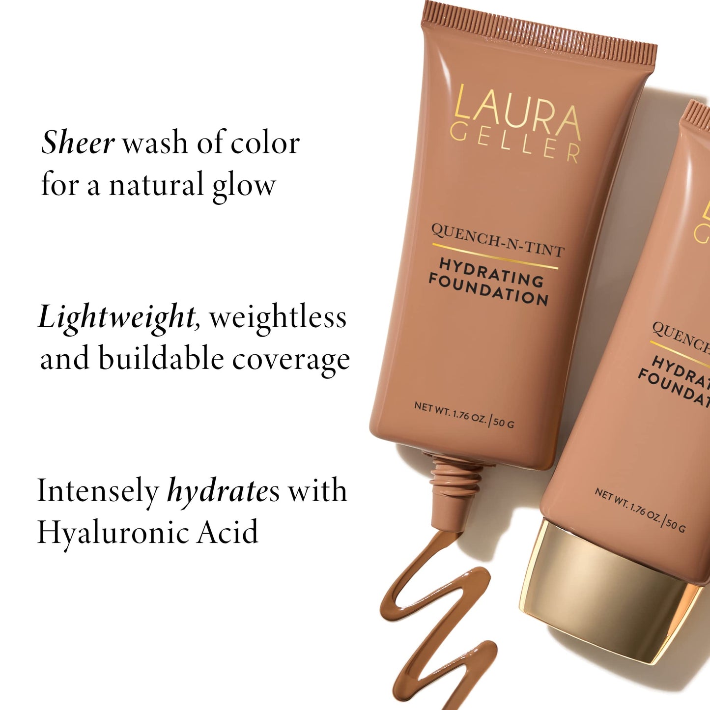 LAURA GELLER NEW YORK Quench-n-Tint Hydrating Foundation - Deep - Sheer to Light Buildable Coverage - Natural Glow Finish - Lightweight Formula with Hyaluronic Acid