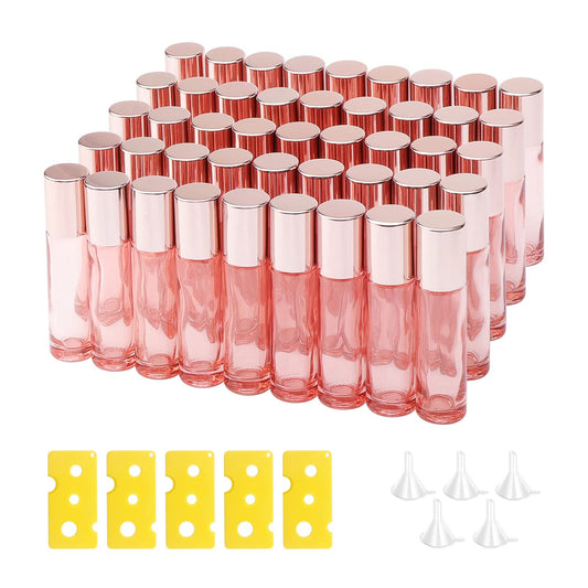 Newzoll 45Pcs Glass Roller Bottles, 10ml Thick Glass Roll on Bottles Massage Glass Roller Vials Containers for Essential Oil Perfumes Aromatherapy Lip Balms, Rose Gold