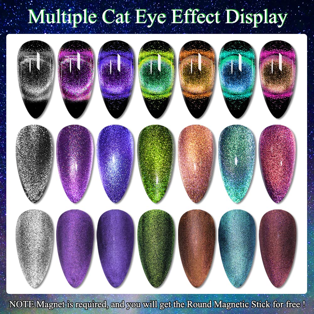 MIZHSE 2 In 1 9D Cat Eye Gel Nail Polish Kit, Upgraded No Need Extra Top Coat, Magnetic Gel Polish Set with Magnet, Shiny Chameleon Magic Galaxy Effect Soak Off Gel Nail Art Gift for Women