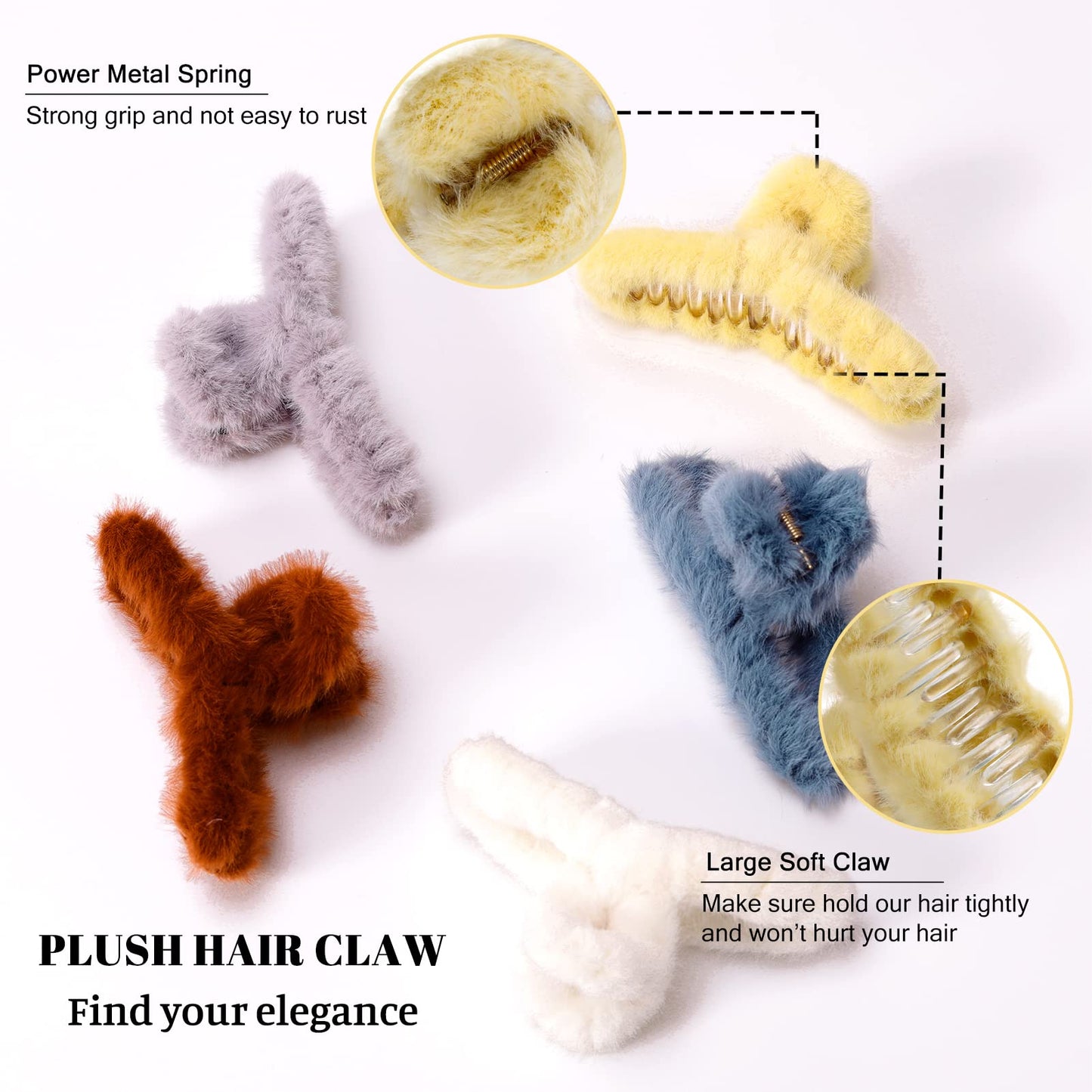 6Pcs Fur and Fluffy Aesthetic Claw Hair Clips for Women, Kawaii Thick Hair Clamps With Strong Non-Slip Hold