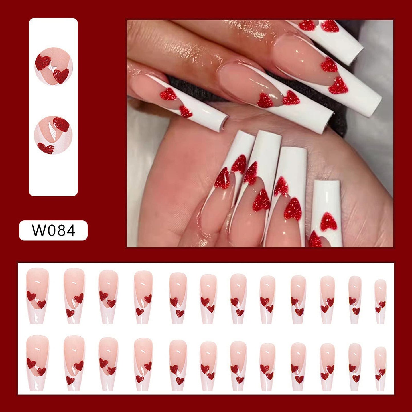 24 Pcs French Tip Press on Nails with Heart Designs Long Square Shape Fake Nails Valentines Glossy Ballerina Full Cover Glue on Nails, Acrylic Reusable Press on False Nails for Women and Girls