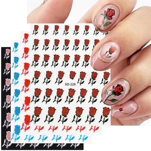 4Pcs Glitter Flowers Nail Stickers -Rose Flower Nail Art -Sparkling Rose 3D Self-Adhesive Nail Supplies Red Pink Rose Nail Art Stickers with Nail Design French Tip Nail Sticker for Women Manicure Arts