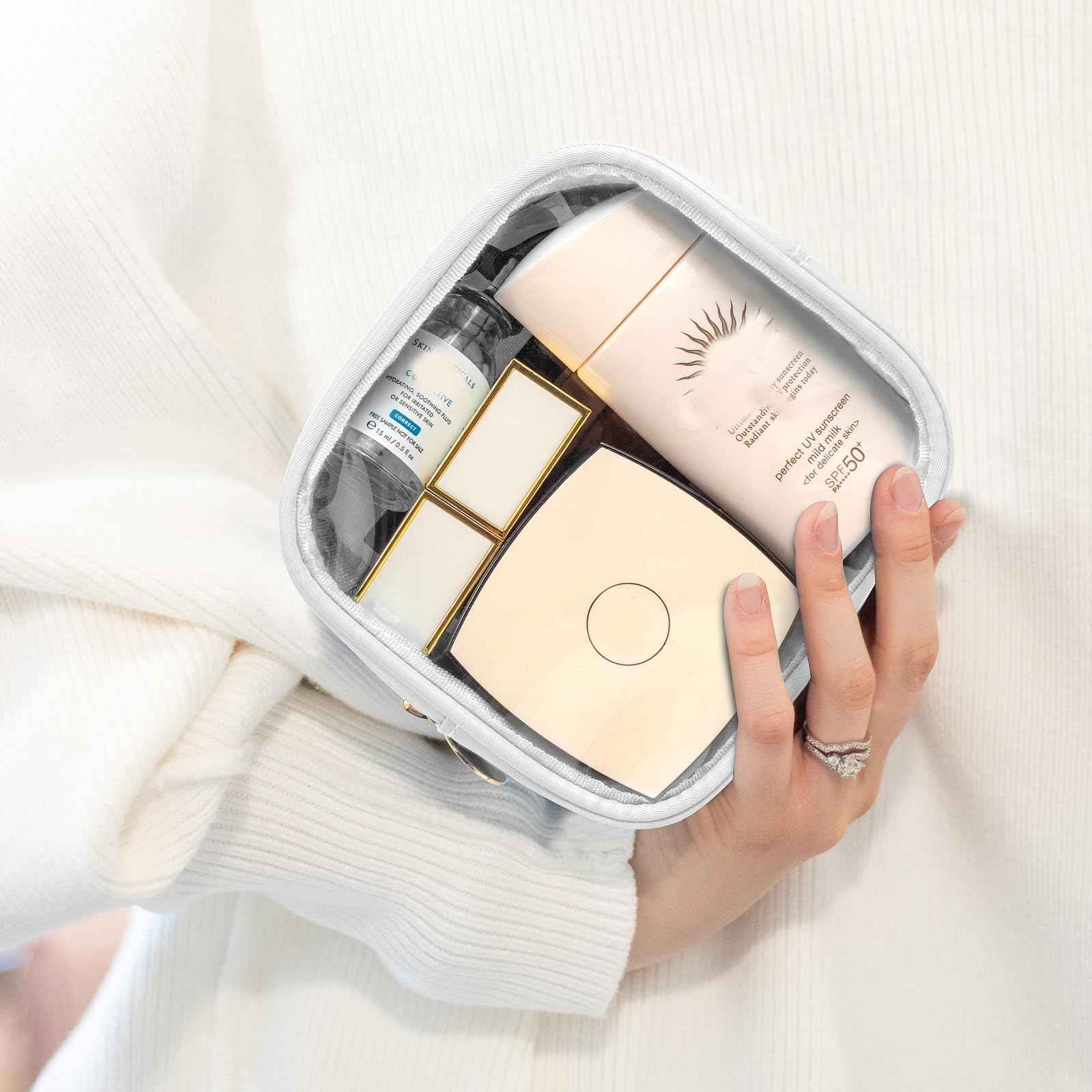 FFaw Small Clear Makeup Bag, Nylon Mini Cosmetic Bag Small Makeup Bag for Purse TSA Approved Travel Toiletry Bags with Zipper Cute Organizer Car Organizer Bag for Women Girls (White Mini)