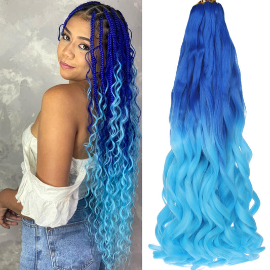 COOKOO Ombre Blue French Curls Brading Hair 22 Inch Bouncy Braiding Hair 9 Pack French Curls Box Braids with Bouncy Curls EZ Braids Synthetic Hair For Black Women（Blue/Light blue）