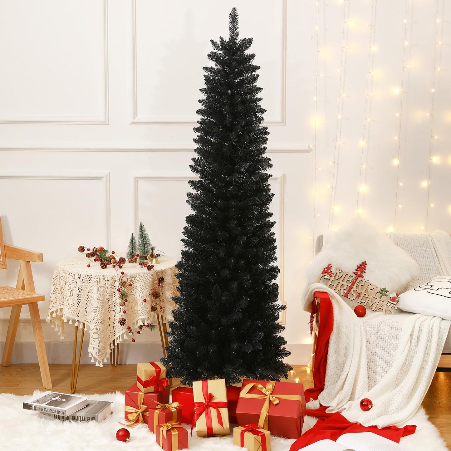 658 Tips Artificial Pencil Christmas Tree Halloween Tree, 6ft Pure Black Xmas Hallowmas Pine Trees with Metal Stand Perfect for Christmas/Halloween/Easter/Parties/Holiday Indoor Outdoor Decoration