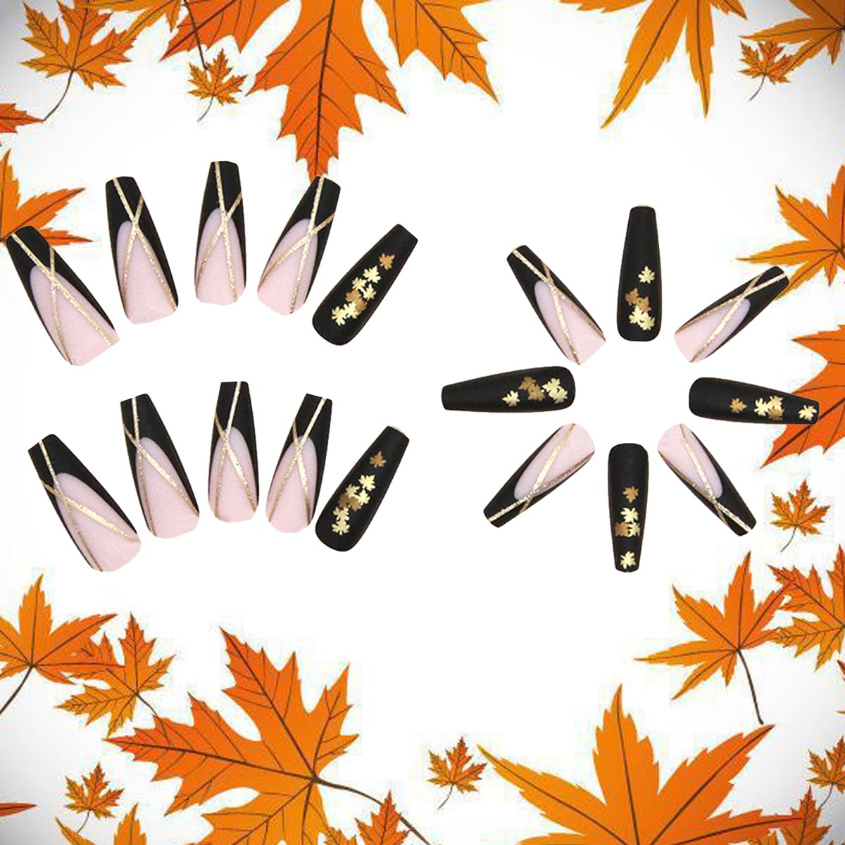 24Pcs Fall Press on Nails Long Coffin with Black French Maple Leaf Design Maple Leaves Fake Nails Press on Full Cover Stick on Nails Autumn Thanksgiving Manicure Tips for Women Girls