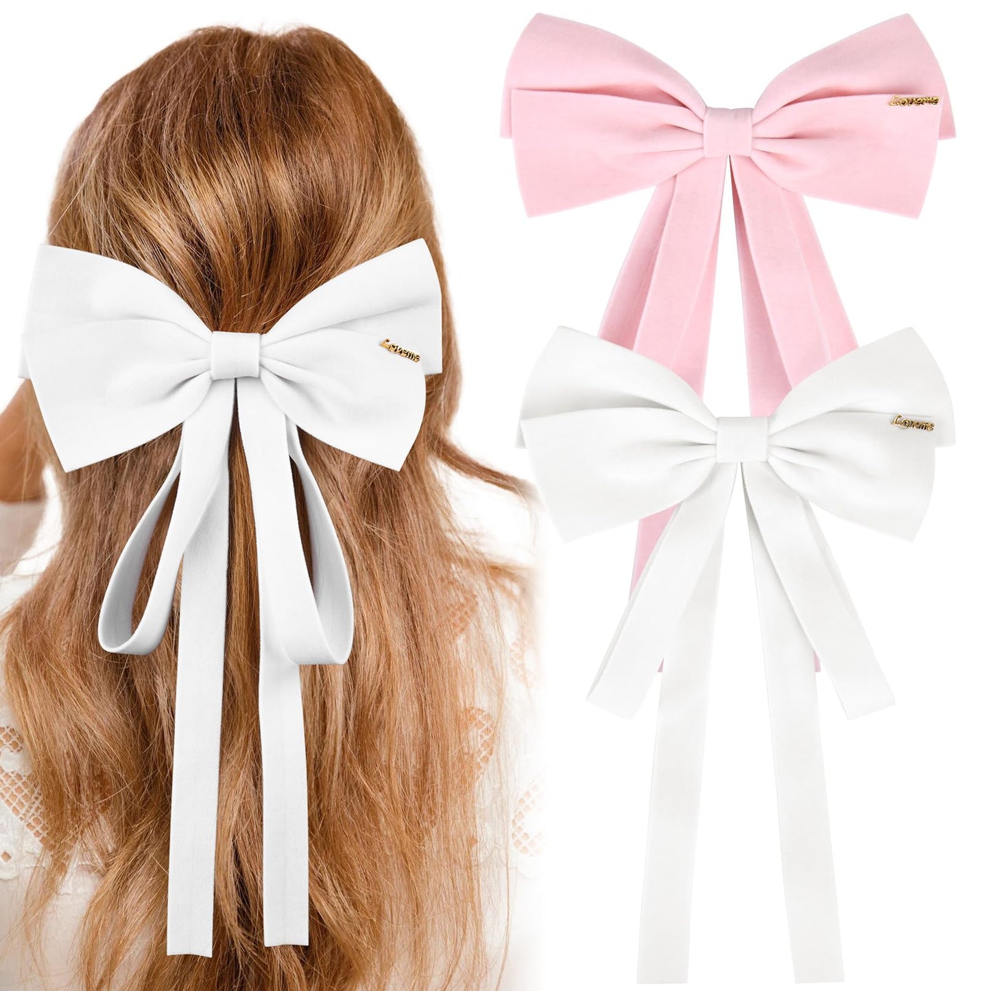 2PCS Velvet Bows Hair Clip Ribbon White Pink Accessories Ponytail Holder large Hair Bow for Women Girls Toddlers Teens Kids