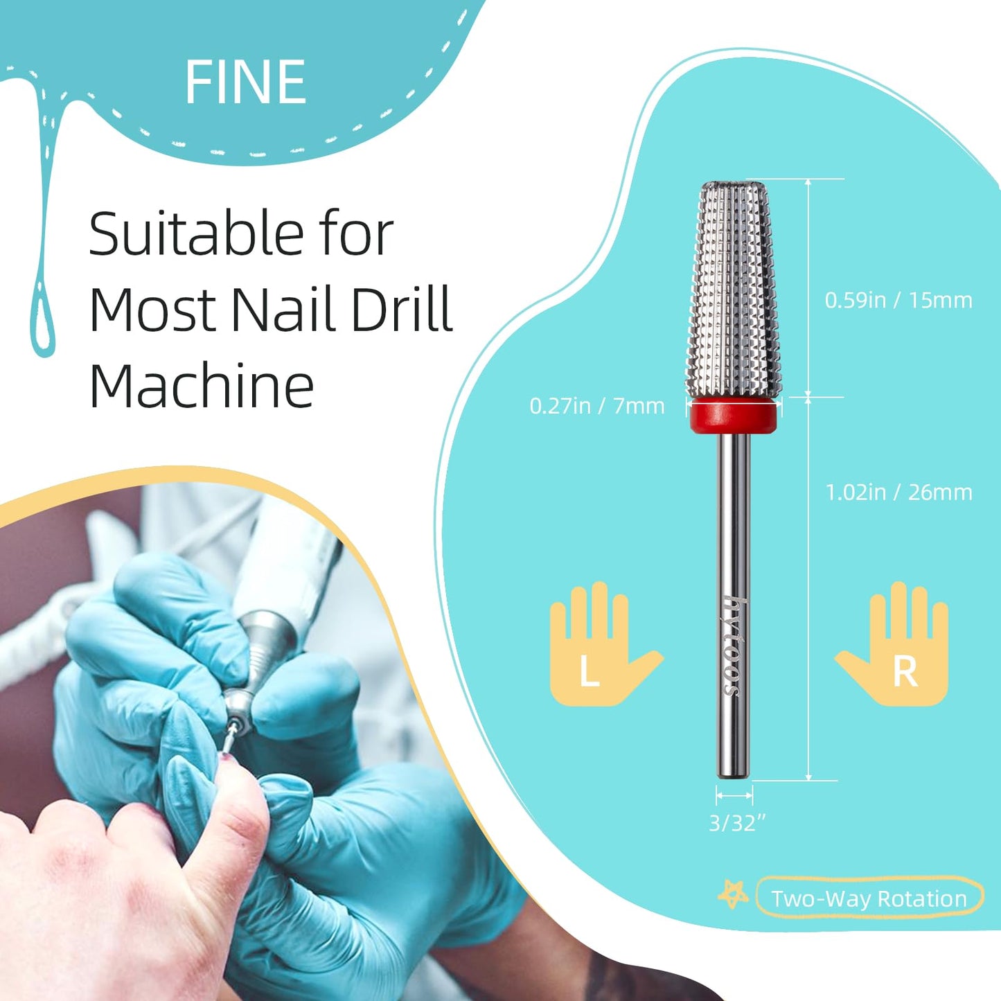 HYTOOS Fine 5 in 1 Nail Drill Bits, Safety Carbide Nail Bit, Straight Cut Tapered Drill Bits for Nails, 3/32 Two-way, Electric Manicure Drills Accessories