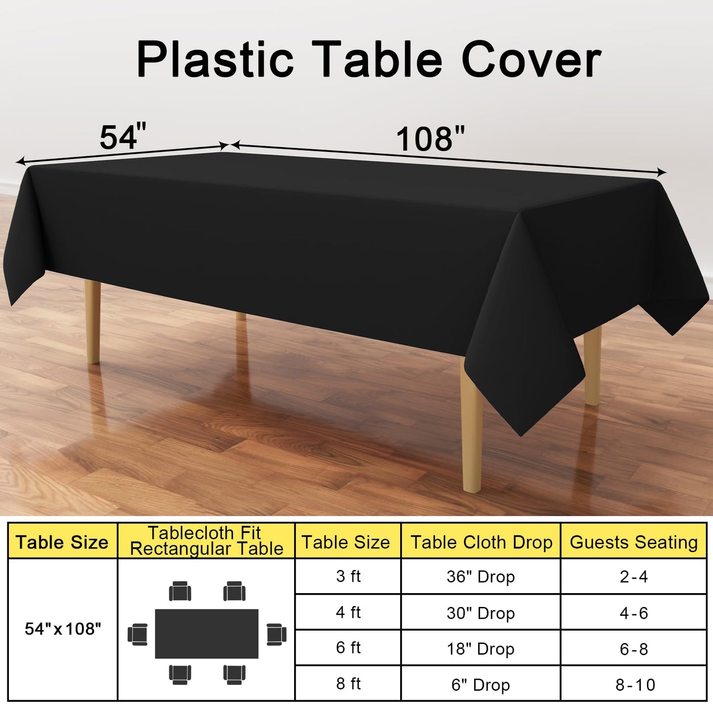 Smiry Disposable Table Cloth - 6 Pack, 54 x 108 Inch Table Cloths for Parties, Decorative Tablecloths for Rectangle Tables, Waterproof Plastic Table Cover, Leakproof & Sturdy, Black