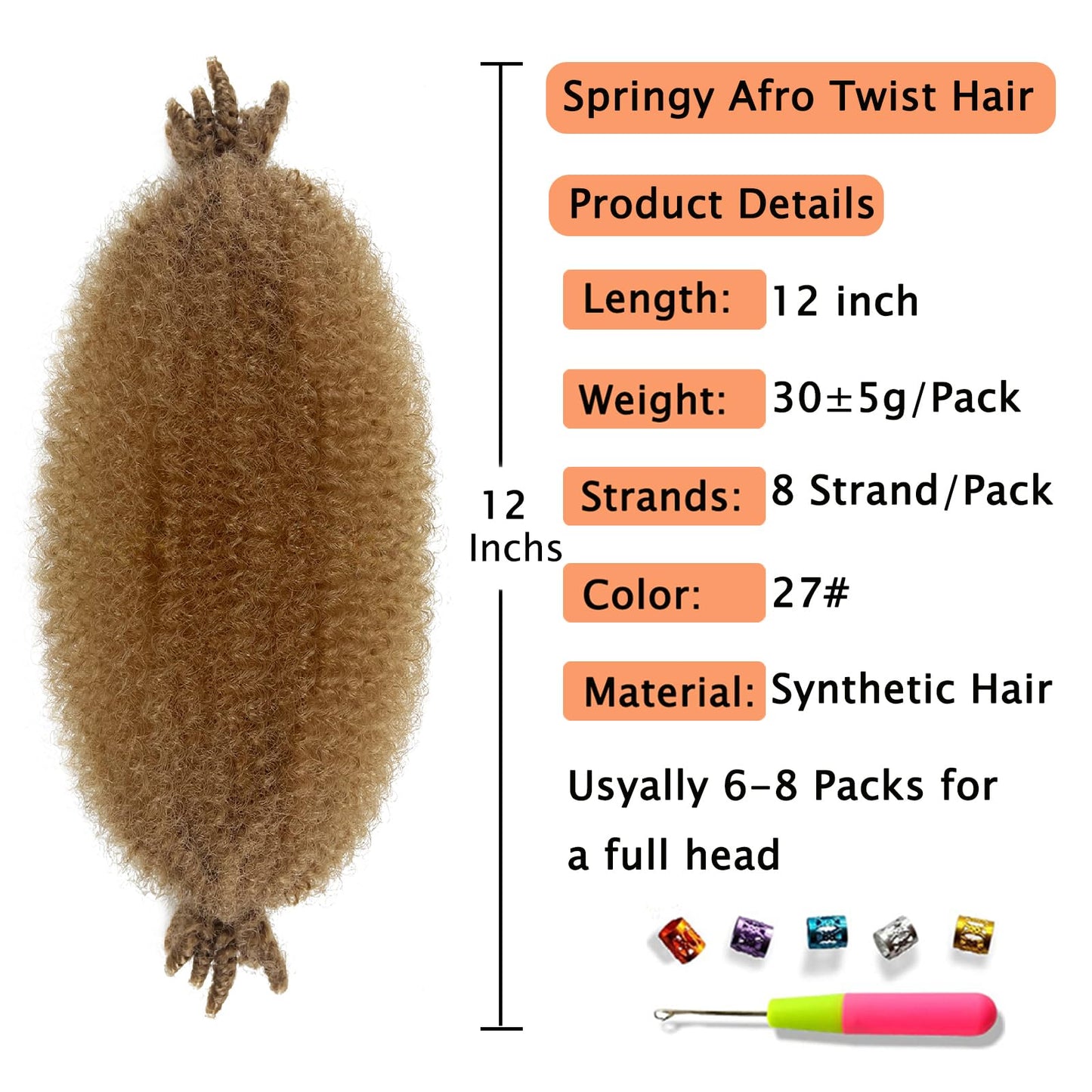 Marley Twist Braiding Hair 12 Inch Afro Twist Hair for Faux Locs Kinky Twist Hair Crochet Hair for Women Springy Afro Twist Hair Pre Stretched Braiding Hair Cuban Twist Hair (12 Inch (Pack of 3), 27#)