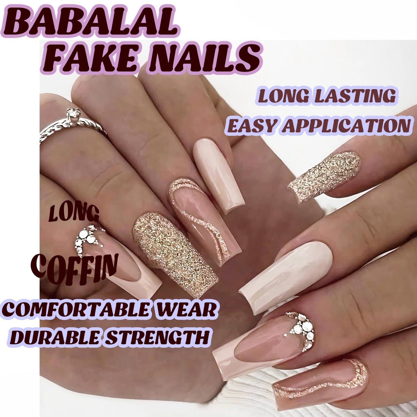 BABALAL Coffin Press on Nails Long Fake Nails Nude French Tip Glue on Nails Golden Glitter New Year Shiny Acrylic Nails Rhinestone 24Pcs Glossy Sparkly Ballerina False Nails for Women and Girls