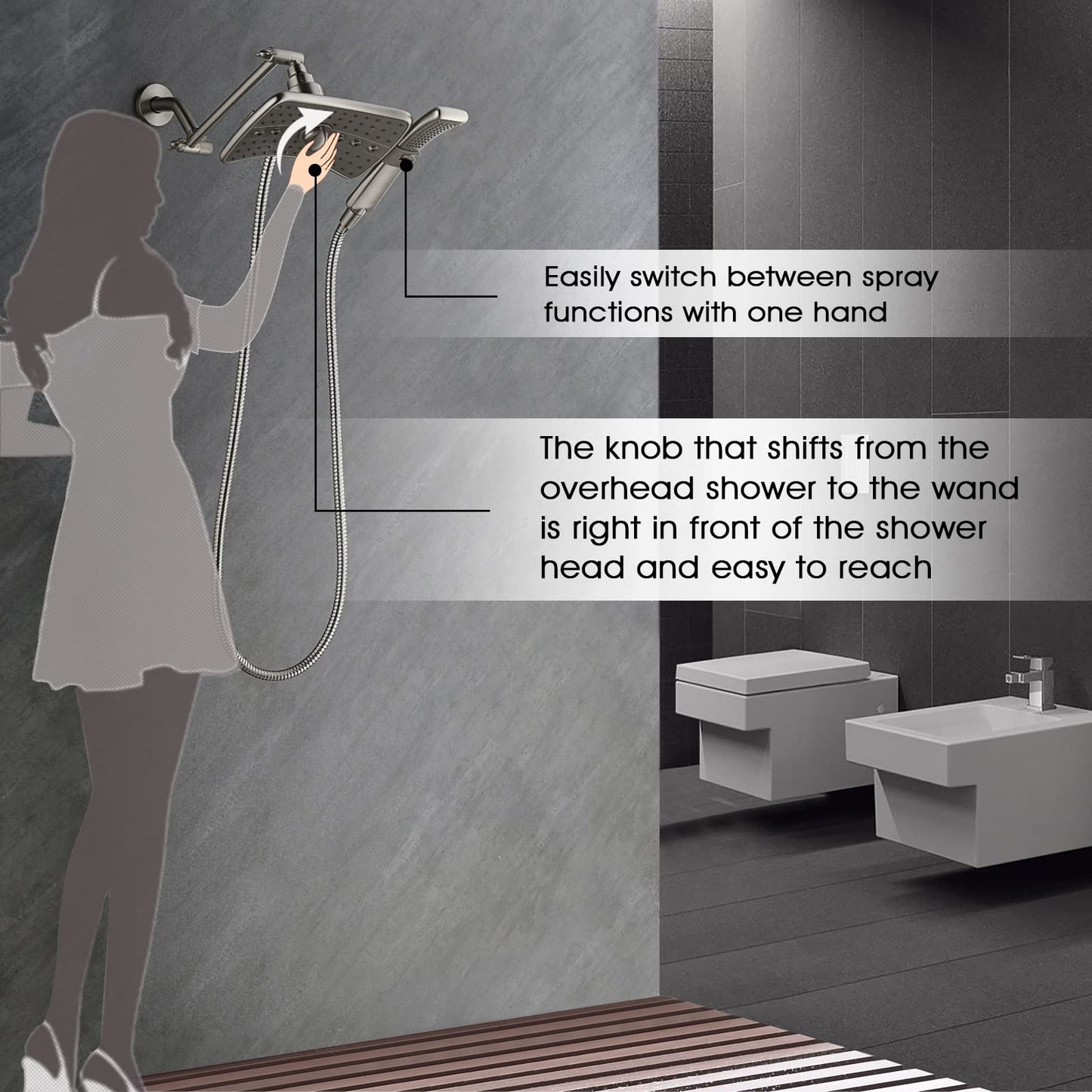 BRIGHT SHOWERS Shower Head Combo with Two Spray Setting , Fixed Shower Head and Handheld with Grey Face, Brushed Nickel