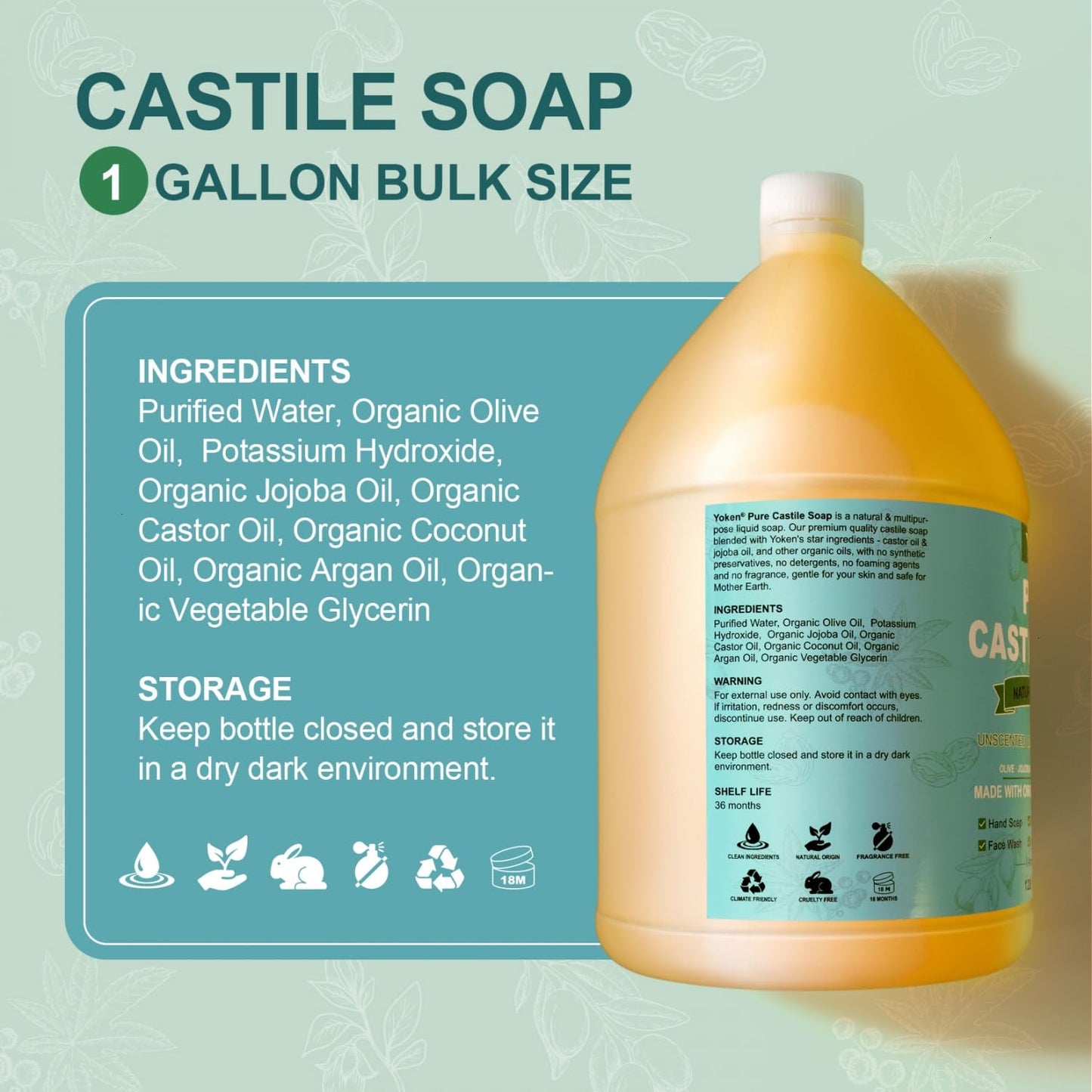 Yoken Castile Soap Liquid EWG Verified(1 Gallon, Unscented) Pure-Castile Liquid Soap for Body, Face, Hand, Pets, Laundry, Dish Soap and More - Made With Organic Oil, Vegan, Clean & Gentle, Versatile