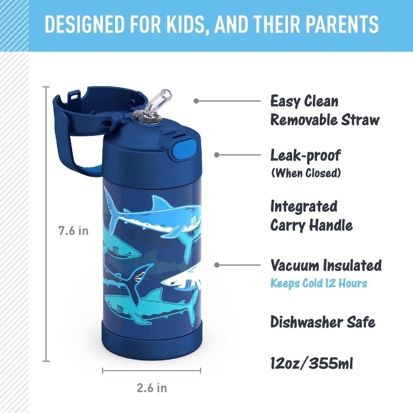 THERMOS FUNTAINER Water Bottle with Straw - 12 Ounce, Sharks - Kids Stainless Steel Vacuum Insulated Water Bottle with Lid