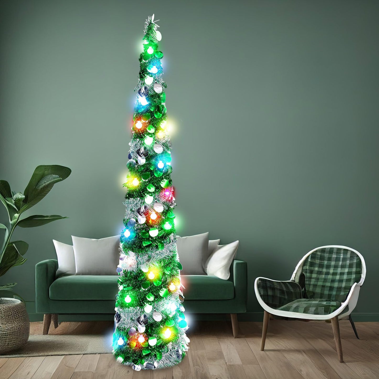 Sosation 2 Pcs 5 ft Pop up Christmas Tree Light Green Tinsel Skinny Pencil Tree with String LED Artificial Sequin Slim Collapsible Coastal Tree for Holiday Xmas Fireplace Indoor Outdoor Decorations