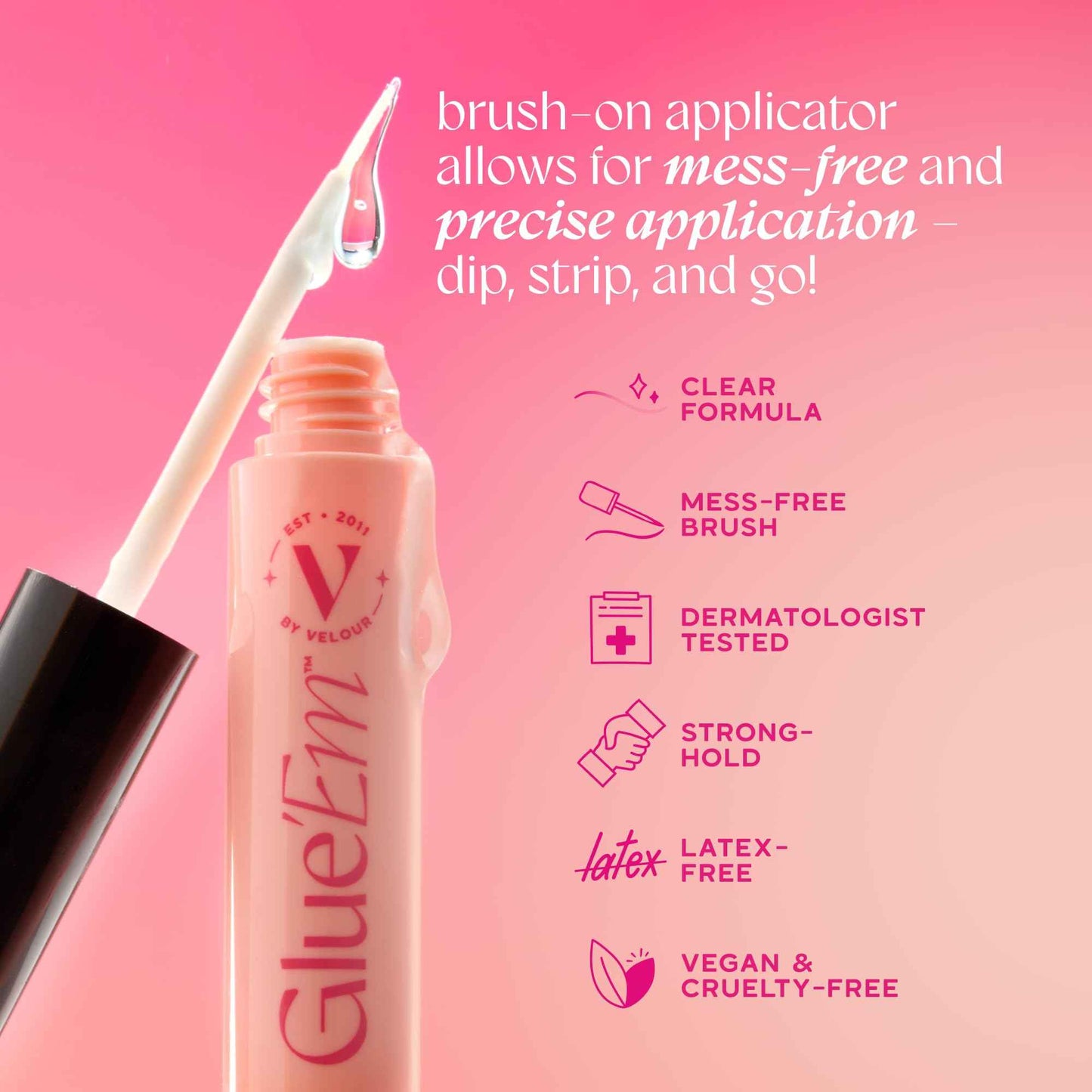 Velour Glue 'Em™ Brush-On Lash Glue, Mess-Free Eyelash Glue, Eye Lash Glue for Eyelash Clusters, Latex Free Lash Adhesive, Clear Eyelash Glue, Beginner-Friendly