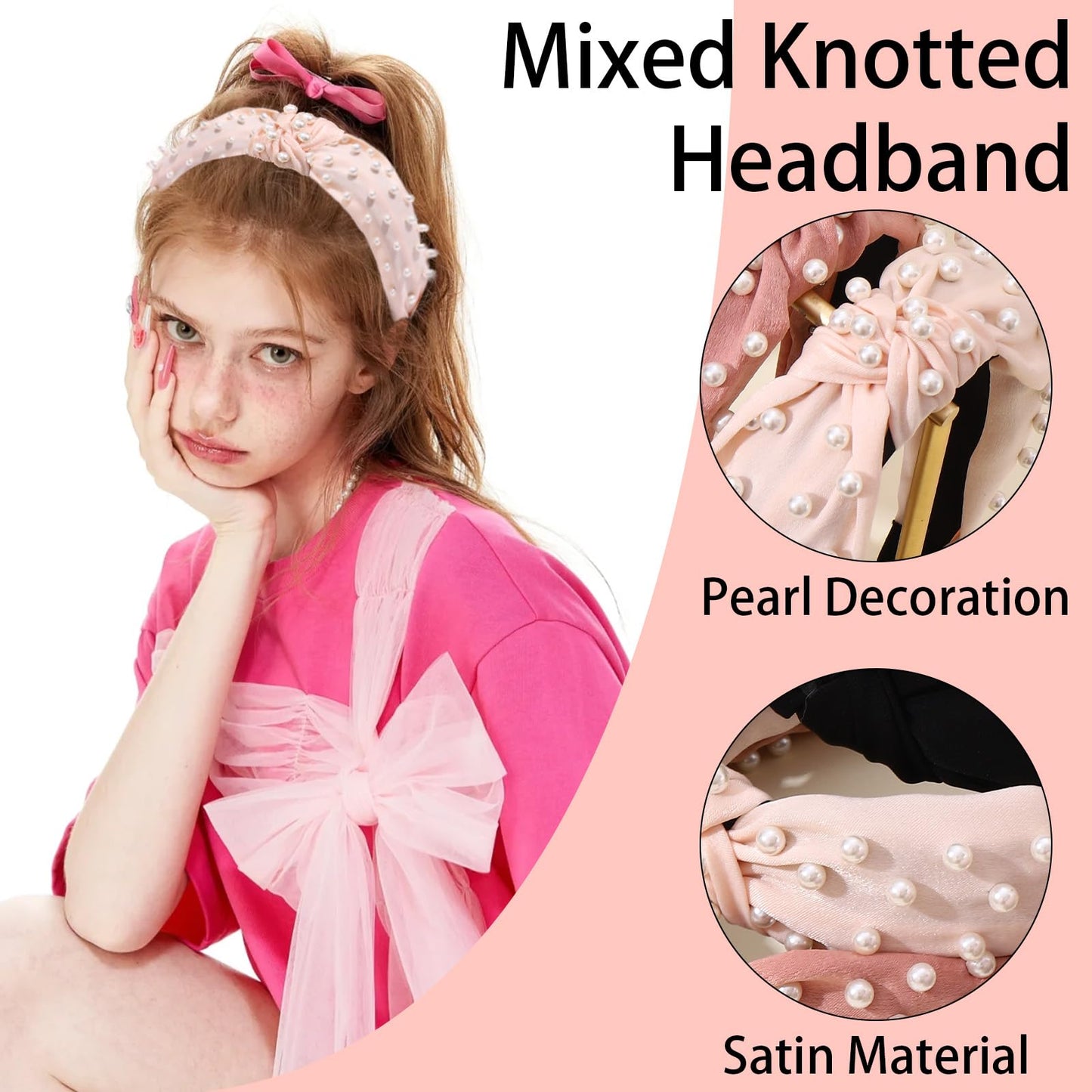 Drnytunk 6Pcs Pearl Knotted Headbands - Wide Thick Hoops Hair Accessories for Women and Girls with Cute Flower Hairband