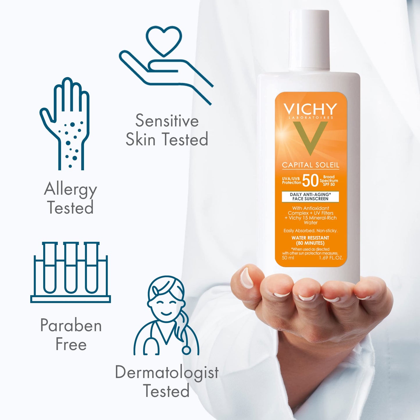 Vichy Capital Soleil Face Sunscreen SPF 50, Anti Aging Travel Size Sunblock for Face with UVA and UBA Sun Protection, Daily Face Sunscreen for Sensitive Skin, Oxybenzone Free,