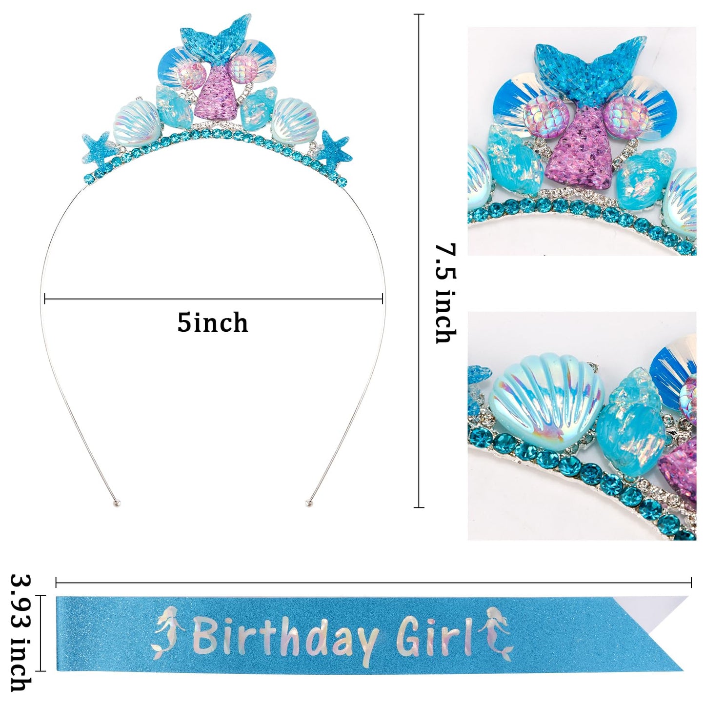 Atoden Little Mermaid Birthday Outfit Blue Princess Tiara Crown Headpiece, Starfish Seashell Mermaid Tail Headband and Sash, Birthday Accessories for Women and Girls, Party Supplies Gifts