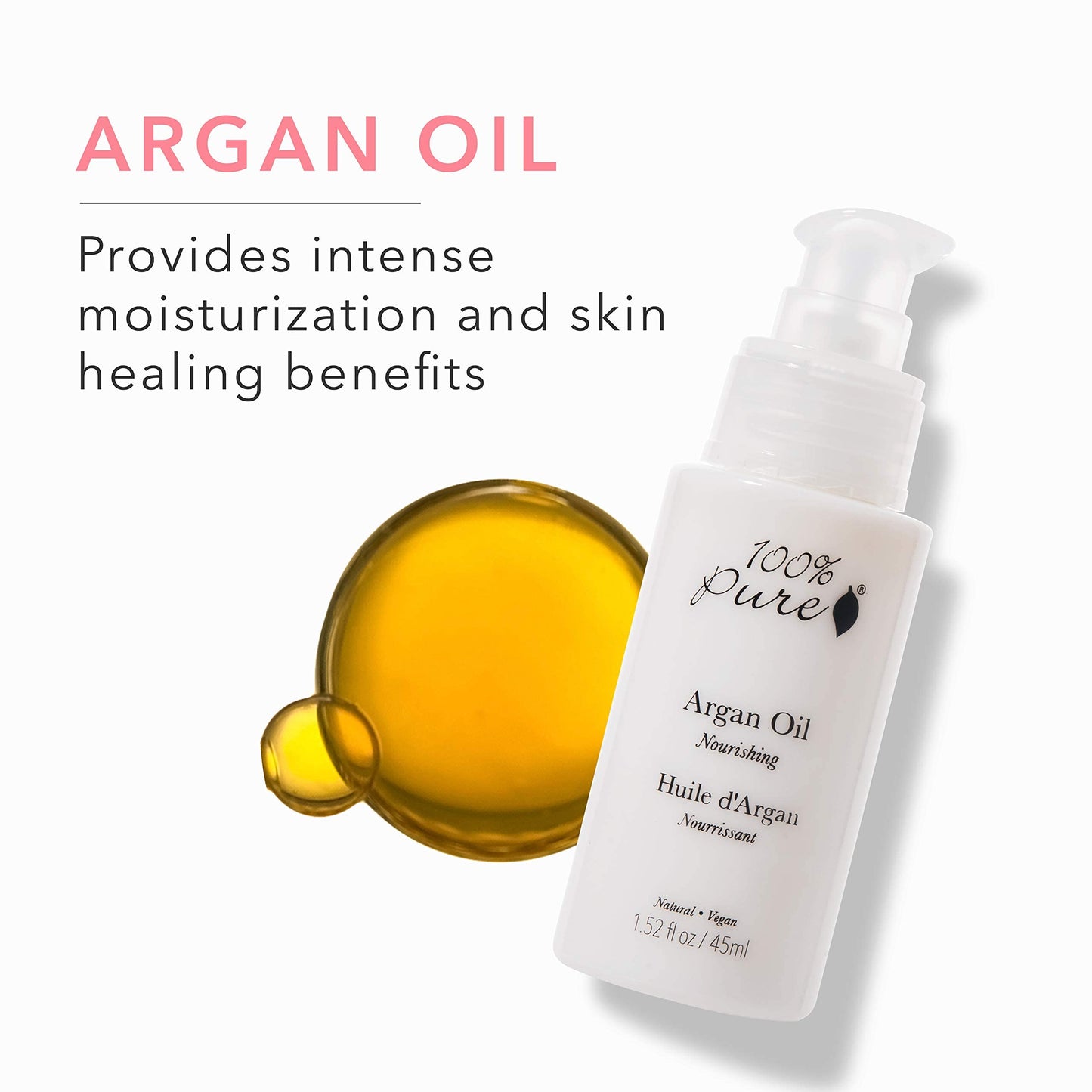 100% PURE Argan Oil, Cold-Pressed, Natural Moisturizer for Skin, Hair & Nails, Facial Serum, Hair Detangler, Cuticle Oil, Makeup Remover - 1.52 Fl Oz