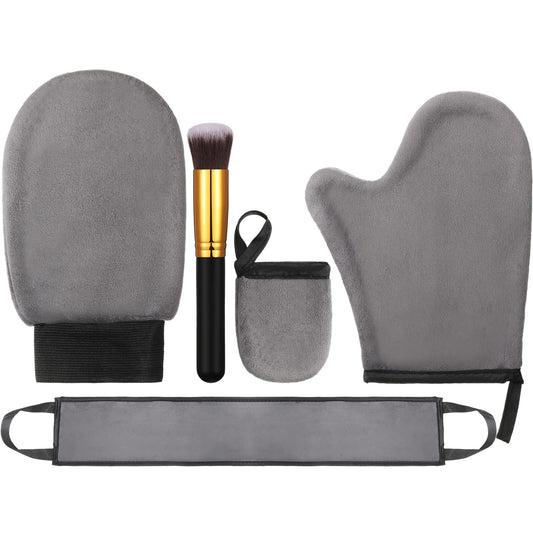 5 Pieces Self Tanning Mitt Applicator Kit, Includes Exfoliating Glove, Tanning Mitt, Mini Face Mitt, Back Lotion Applicator with Self Tanner Brush Large Flat Top Makeup Brush (Gray)