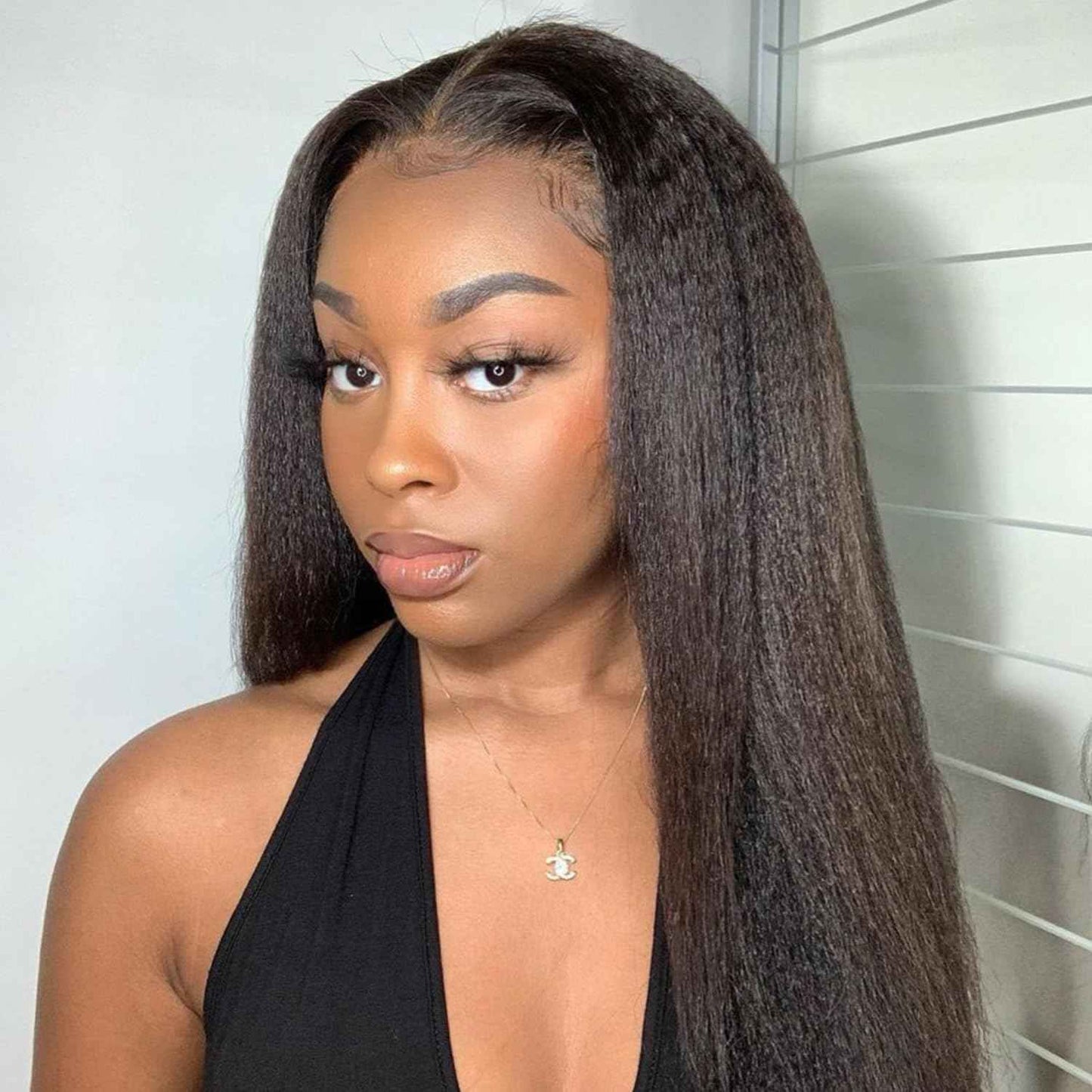 Prosa Kinky Straight synthetic Hair Half Wig, 3-in-1 Glueless Clip In Drawstring Headband Wig, Seamless Flip Over Style for Women 1B (22inch)