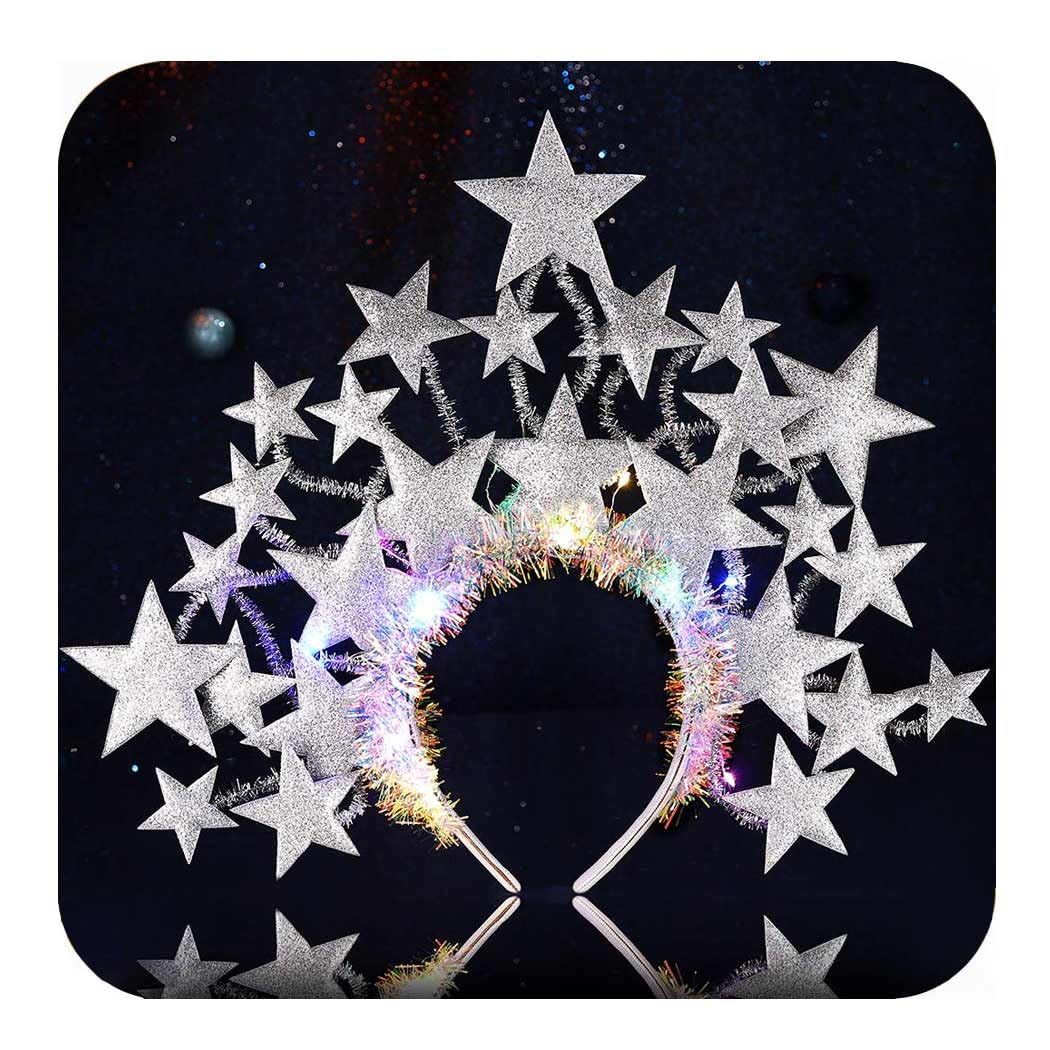 CAKURE Light Up Star Headband Led Silver Stars Headpieces Glowing Party Costume Headwear Brithday Hair Accessories for Women (Silver)