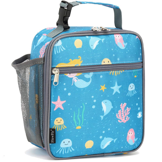 FlowFly Kids Lunch box Insulated Soft Bag Mini Cooler Back to School Thermal Meal Tote Kit for Girls, Boys, Mermaid