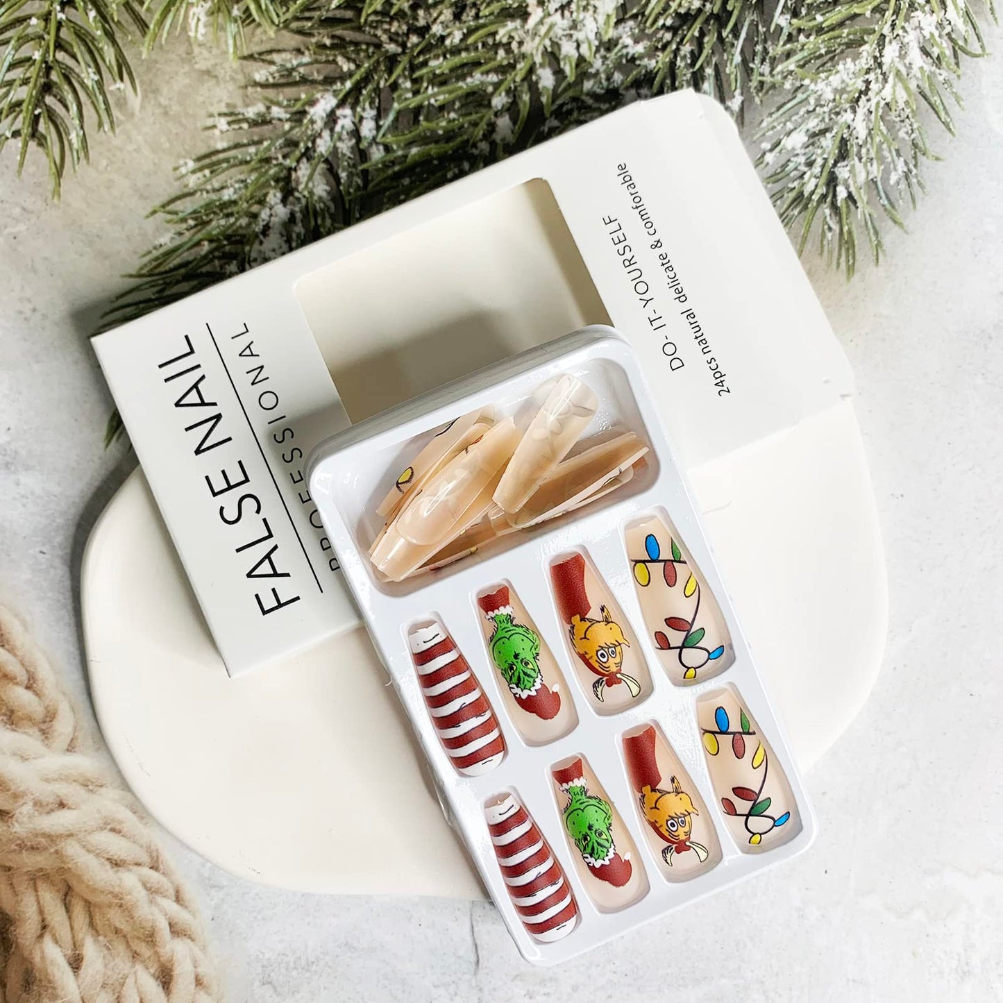 Christmas Press on Nails Long Coffin False Nails Red Fake Nails with Design Red and White Stripe Artificial Nails Full Cover Glue on Nails Cute Press on Nails Matte Cartoon Stick on Nails for Women