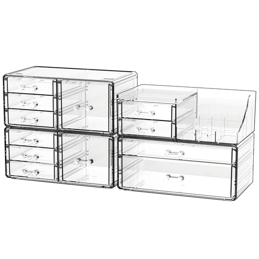 Cq acrylic 4 Pack Clear Makeup Organizer for Counter,12 Drawers Stackable Skincare Organizer,Large Cosmetic Storage Organizer for Jewelry,Hair Accessory,Beauty,Skin Care,Vanity Organizers and Storage