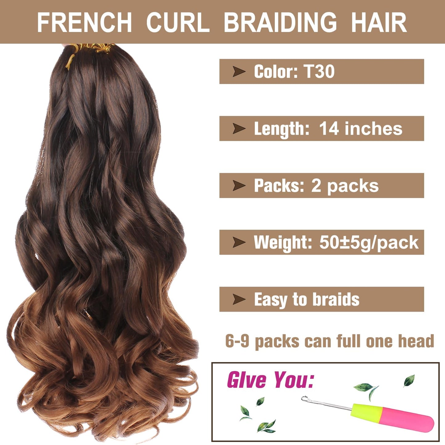 COOKOO Ombre Brown French Curl Braiding Hair 14 Inch 2 Packs Loose Wave Bouncy Braiding Hair 50g/pack Pre Stretched Yaki Curly Braiding Hair for Black Women Hair Extensions T30#