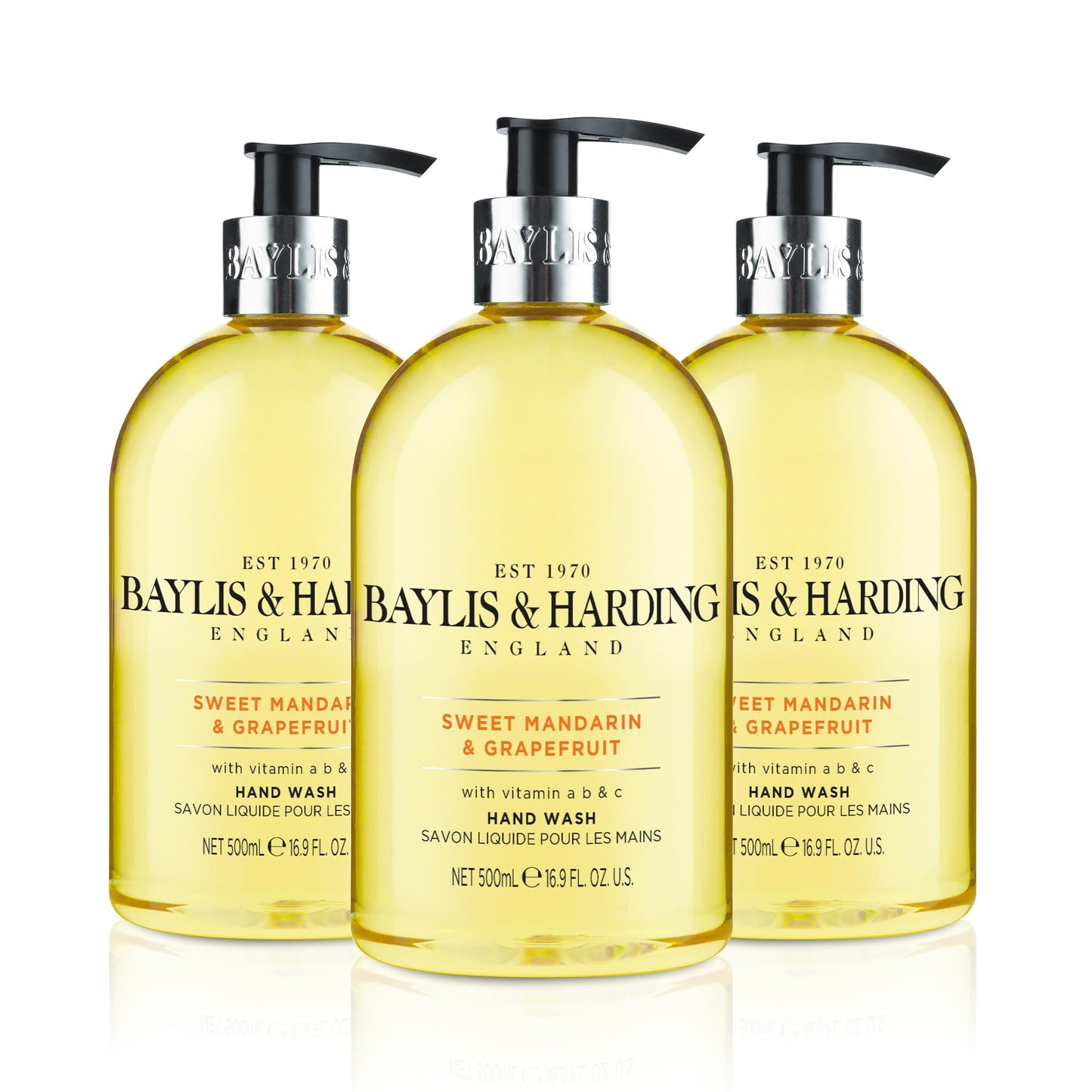 Baylis & Harding Liquid Hand Soap Wash with Dispenser, Sweet Mandarin & Grapefruit, 16.9oz/500ml (3-Pack)