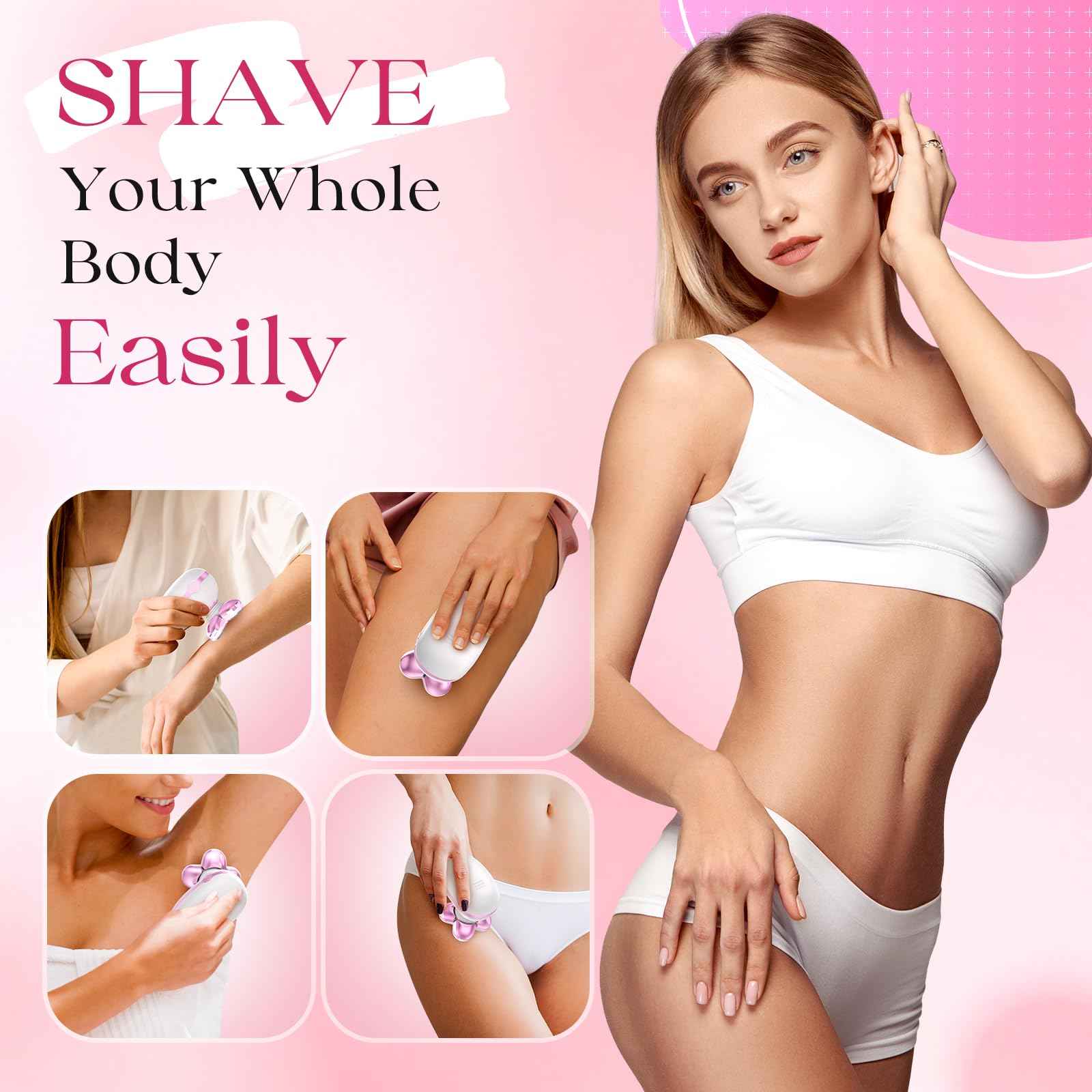 Electric Razors for Women, Rechargeable Rotary Painless Shaver for Legs Bikini Facial Hair Removal, Body Wet/Dry Razor Water Resistant Grooming Kit, Cordless Womens Trimmer for Lady (Light Pink)