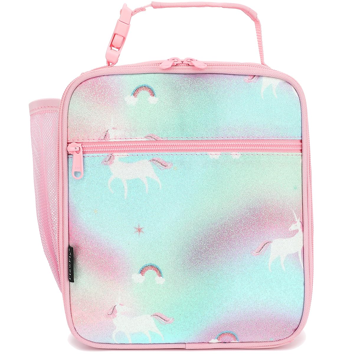 FlowFly Kids Lunch box Insulated Soft Bag Mini Cooler Back to School Thermal Meal Tote Kit for Girls, Boys, Glitter-Unicorn