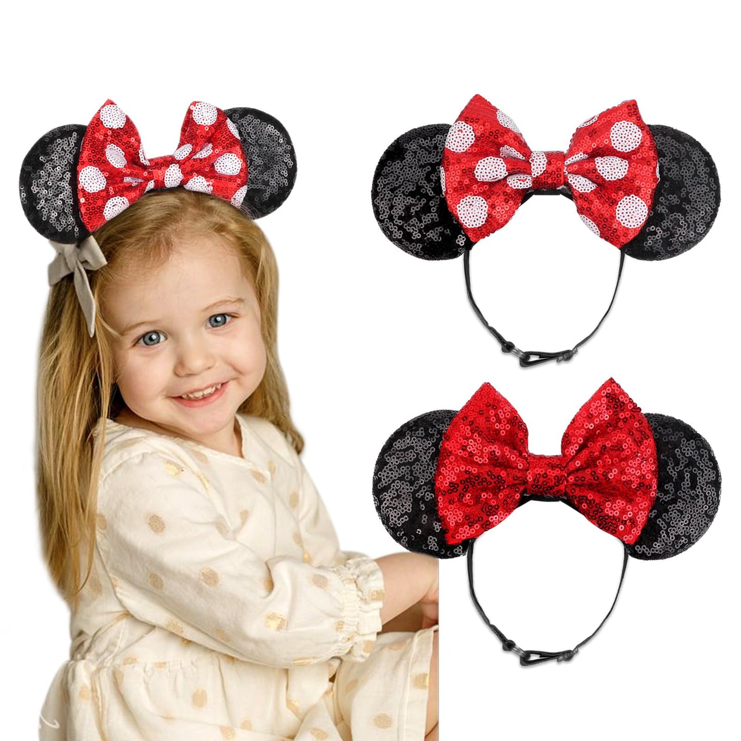 AQOKKA 2 Pcs Elastic Mouse Ears Headbands with Bow for Birthday Party, Hair Hoop Party Decoration Cosplay Costume Hair Accessories for Women & Girl