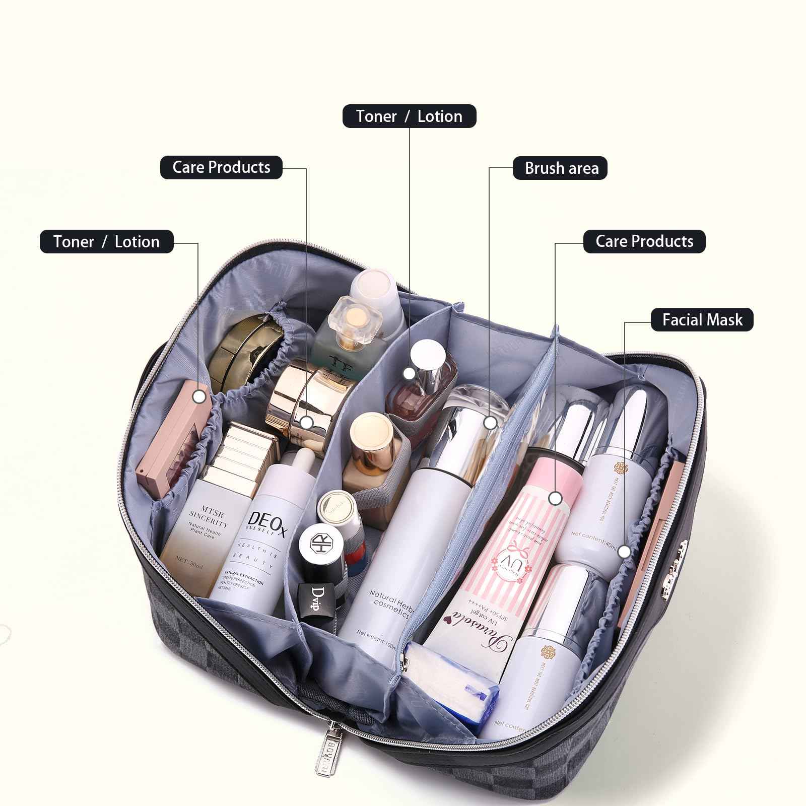 BOYATU Travel Makeup Bag for Women: Large Cosmetic Bag Set of 3 - PU Leather Make up Bag with Compartments - Compact Waterproof Toiletry Bag with Divider & Handle (D-2-Black)