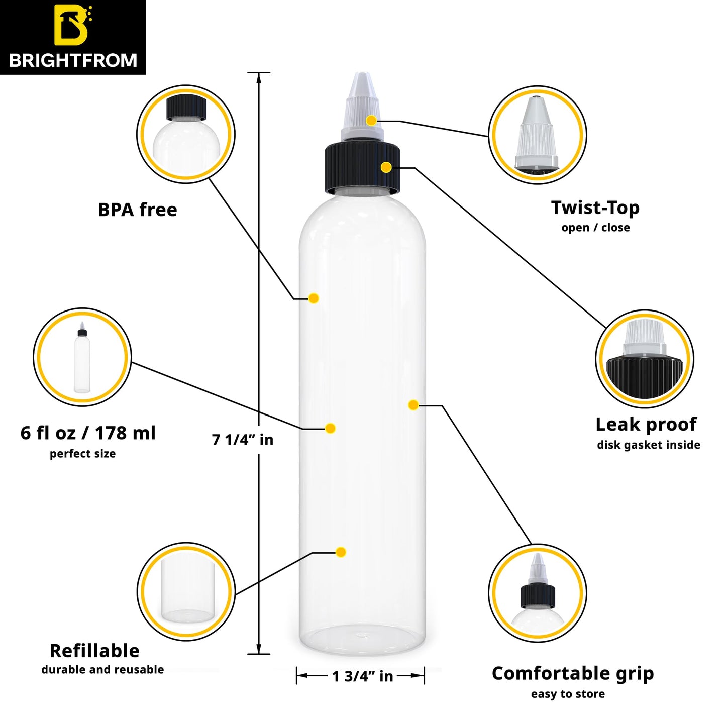 BRIGHTFROM Twist Top (Black) Applicator Bottles, 8 OZ Crystal Clear, Squeeze Empty Plastic Bottles, BPA-Free, PET, Refillable, Open/Close Nozzle - Multi Purpose (Pack of 2)