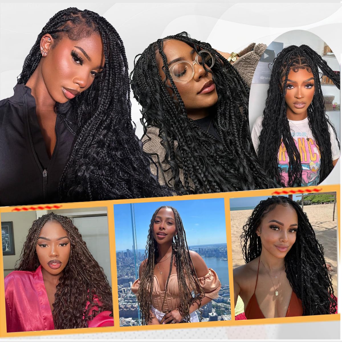 Goddess Box Braids Crochet Hair 24 Inch 8 Packs Bohemian Pre-looped Box Braids Crochet Braiding Hair Extensions Boho Crochet Box Braids with Curly Ends 27#