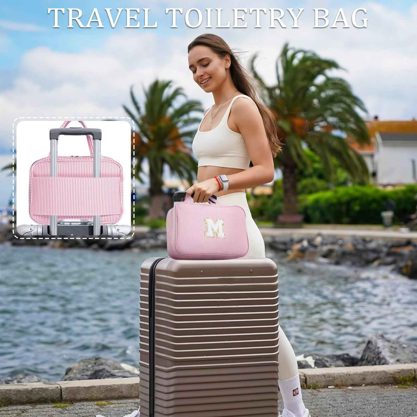 YOOLIFE Christmas Gifts for Women Teenage Girls Stocking Stuffers, Initial Hanging Toiletry Bag for Women Teen Girl, Travel Toiletry Bag Gifts for Mom Daughter Sister Friends, Letter A, Pink